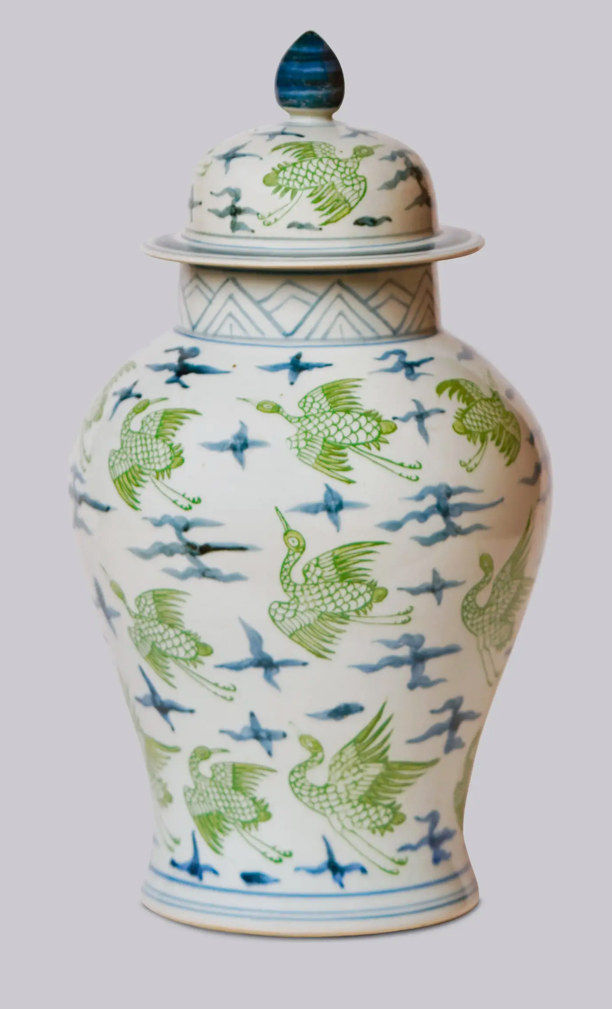 Flying Cranes Green and Blue Porcelain Temple Jar