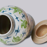 Flying Cranes Green and Blue Porcelain Temple Jar
