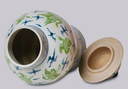 Flying Cranes Green and Blue Porcelain Temple Jar