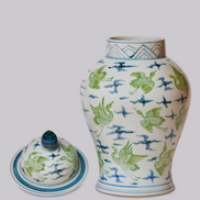 Flying Cranes Green and Blue Porcelain Temple Jar