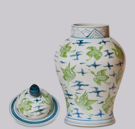 Flying Cranes Green and Blue Porcelain Temple Jar
