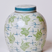 Blue and Green Porcelain Cranes and Clouds Round Storage Jar