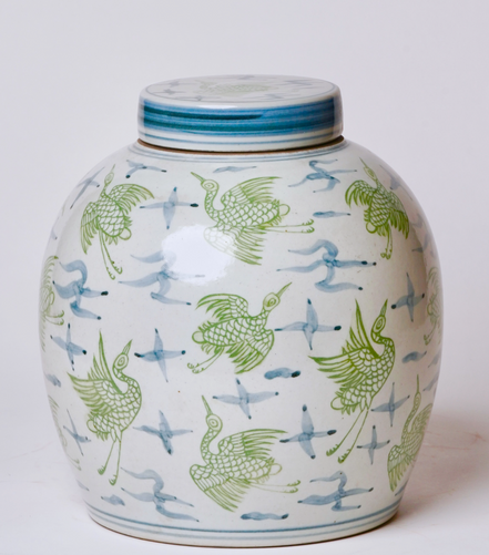 Blue and Green Porcelain Cranes and Clouds Round Storage Jar