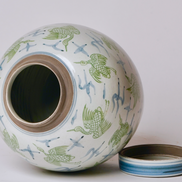 Blue and Green Porcelain Cranes and Clouds Round Storage Jar
