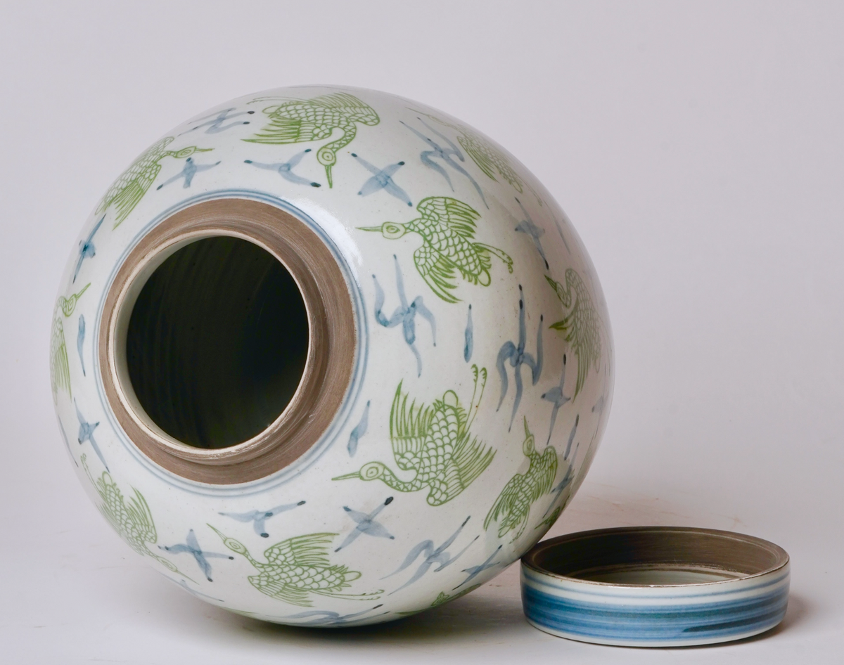 Blue and Green Porcelain Cranes and Clouds Round Storage Jar