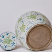 Blue and Green Porcelain Cranes and Clouds Round Storage Jar