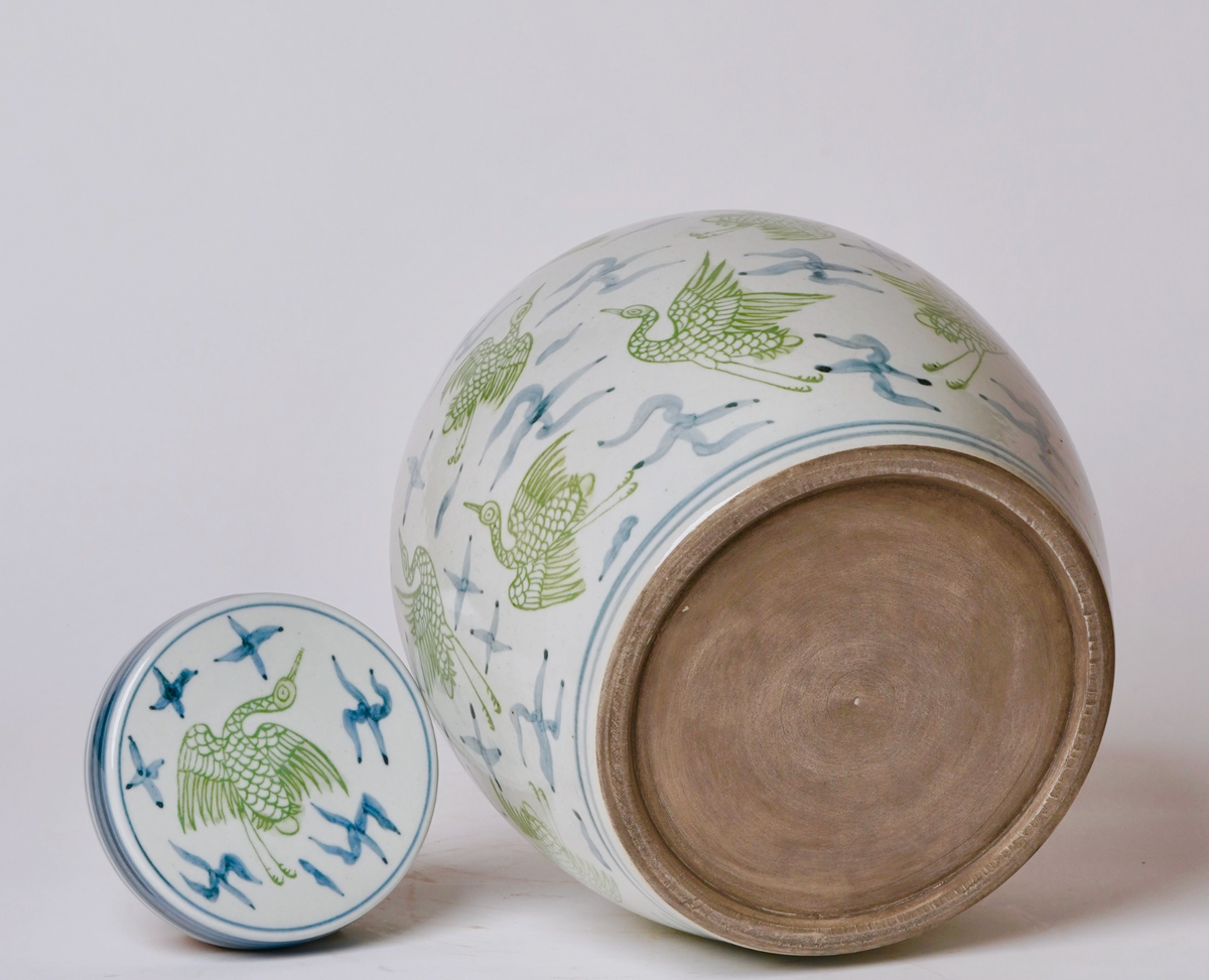 Blue and Green Porcelain Cranes and Clouds Round Storage Jar