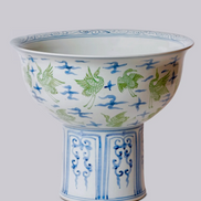 Green and Blue Crane & Clouds Footed Porcelain Bowl