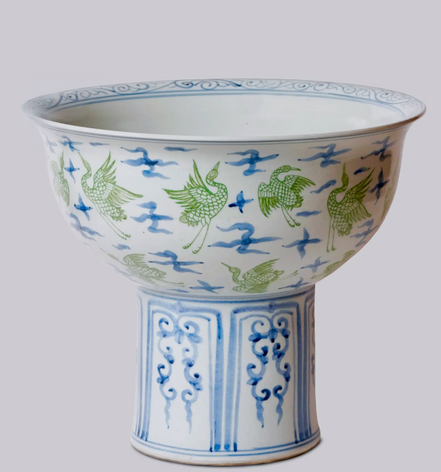 Green and Blue Crane & Clouds Footed Porcelain Bowl