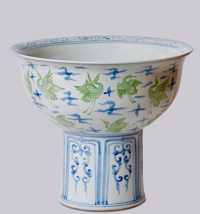 Green and Blue Crane & Clouds Footed Porcelain Bowl