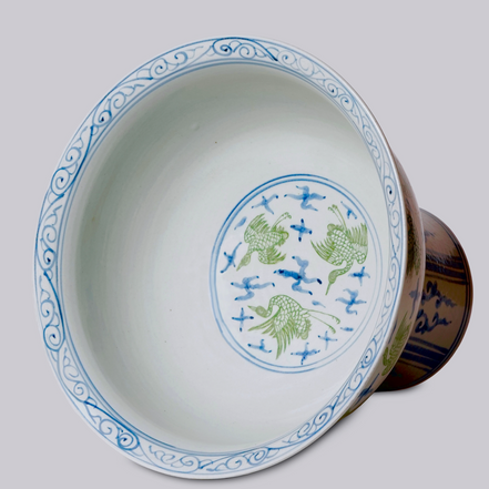 Green and Blue Crane & Clouds Footed Porcelain Bowl
