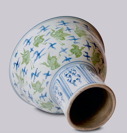 Green and Blue Crane & Clouds Footed Porcelain Bowl