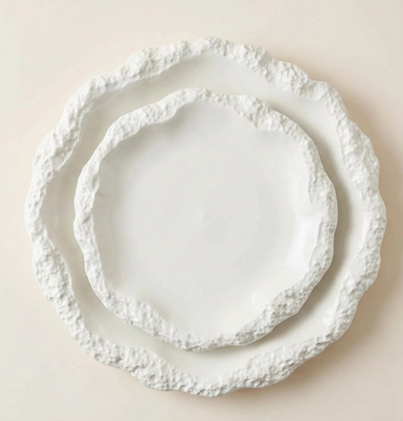 White Ceramic Salad/Dessert Plate with Textured Rim