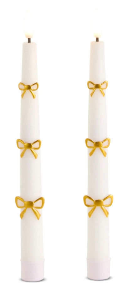 Gold Embossed Bow White Flameless Taper Candles