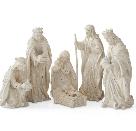 White Glittered Nativity Set of 6