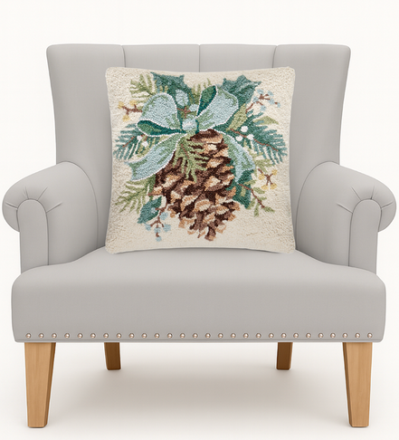 Pinecone & Evergreen Hooked Christmas Pillow