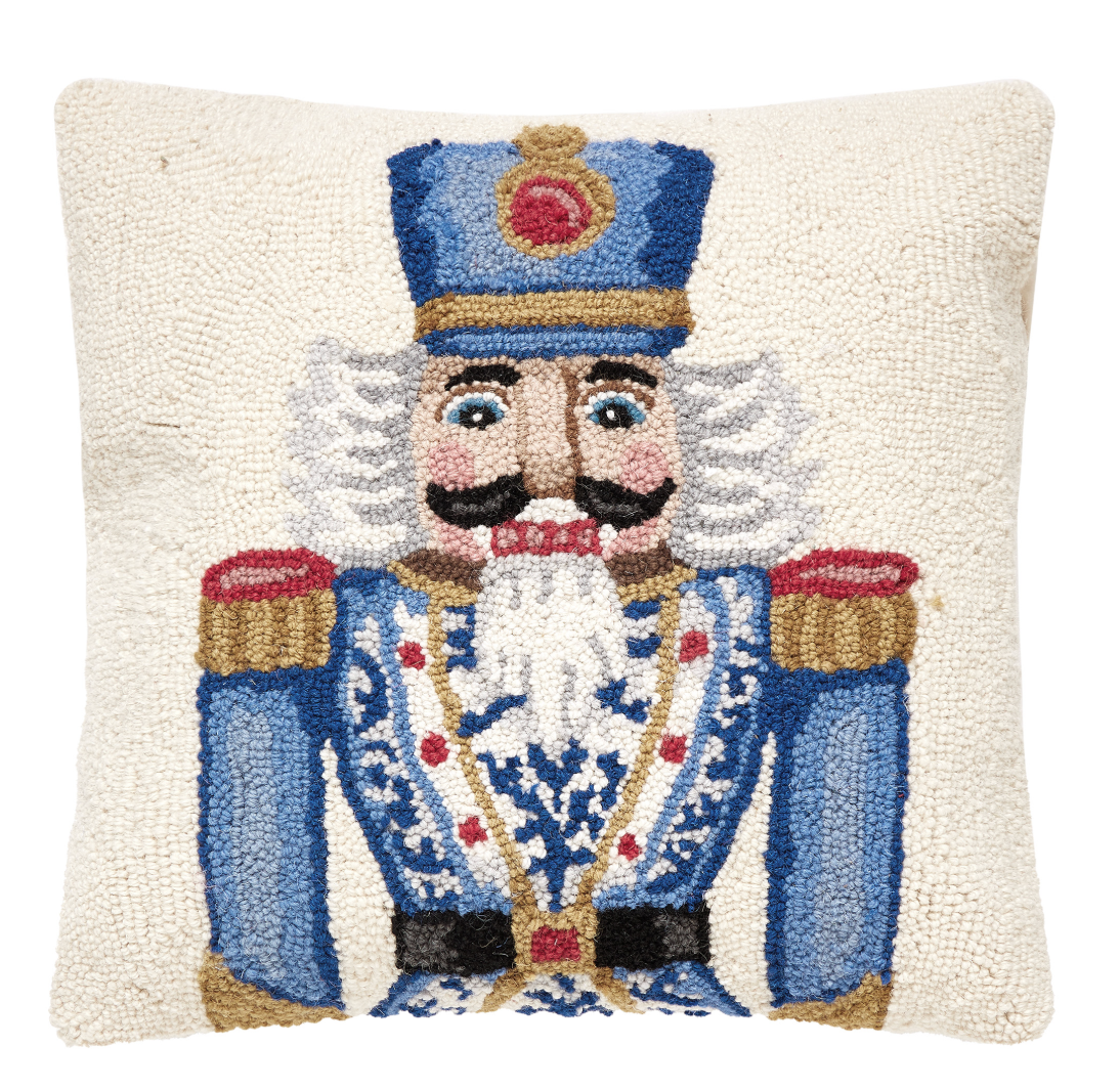 Blue Nutcracker Hooked Christmas Pillow