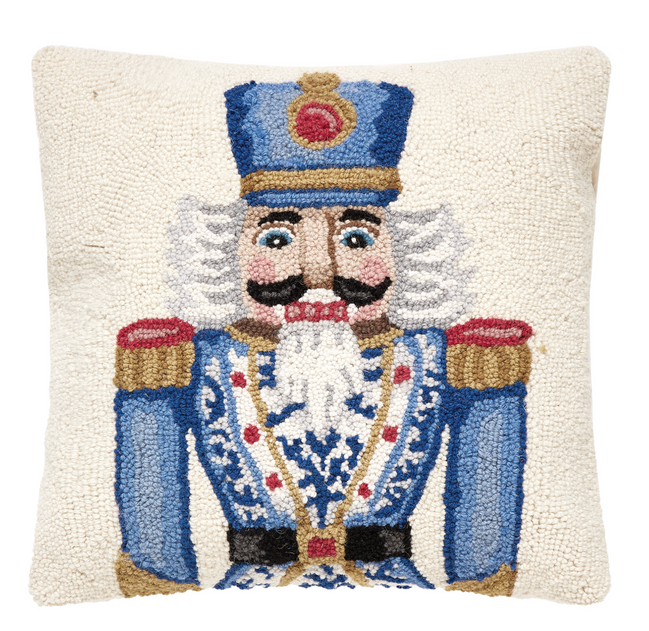 Blue Nutcracker Hooked Christmas Pillow
