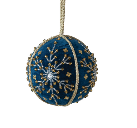 Handmade Cotton Velvet Ball Ornament w/ Glass Beaded Snowflakes