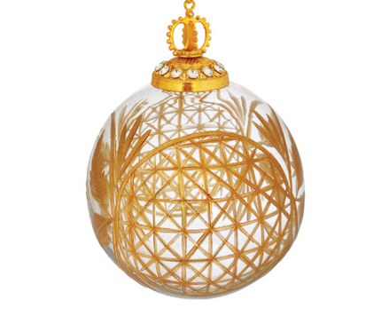 Hand-Blown Etched Glass Ball Ornament with Design