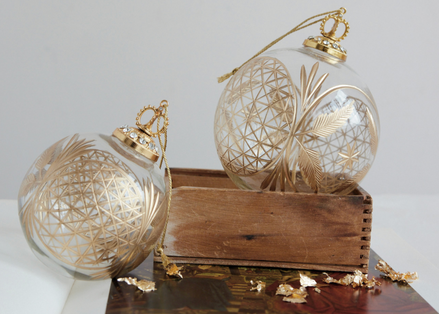 Hand-Blown Etched Glass Ball Ornament with Design