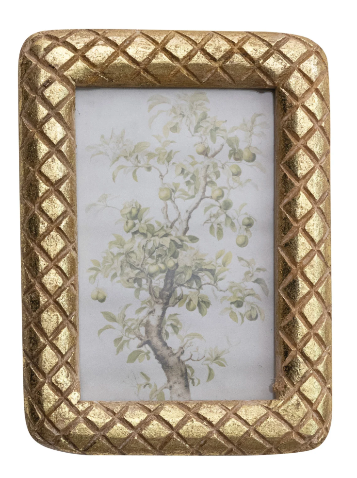 Carved Mango Wood Photo Frame w/ Diamond Pattern, Gold Foil Finish