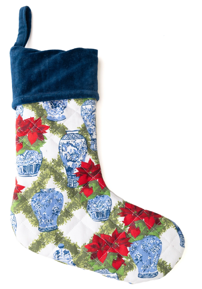 The Poinsettia & Porcelain Quilted Velvet Cuff Stocking
