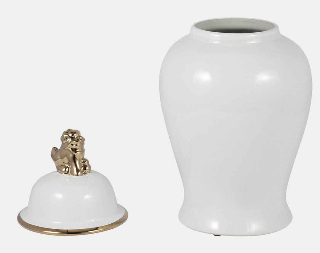 White & Gold Lion Head Temple Jar