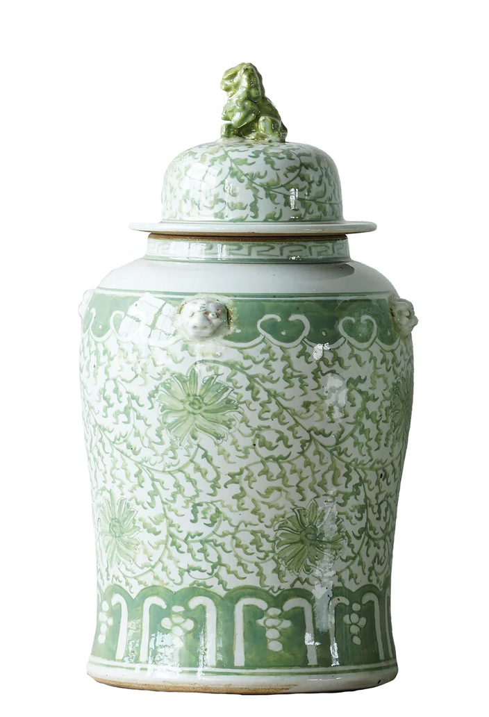 Jingdezhen Green with Flowers Hand Painted Temple Jar