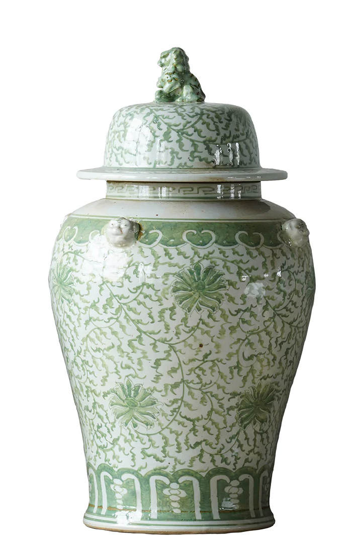 Jingdezhen Green with Flowers Hand Painted Temple Jar