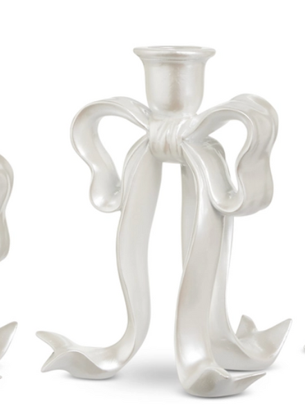 White Pearlescent Bow Candlesticks