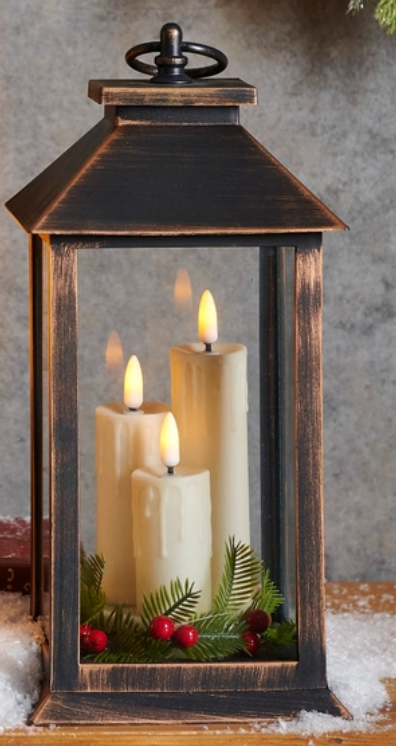 Bronze Lantern with Candles and Greenery