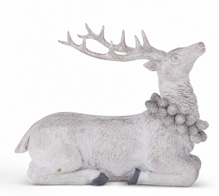 Whitewashed Resin Deer with Glittered Pinecone Wreath