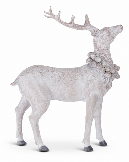 Whitewashed Resin Deer with Glittered Pinecone Wreath