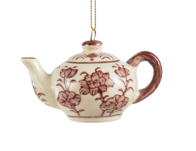 Stoneware Teapot/Teacup Ornament with Botanical Pattern