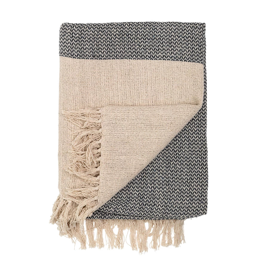 Throw Blanket Knit w/ Fringe Cream & Gray