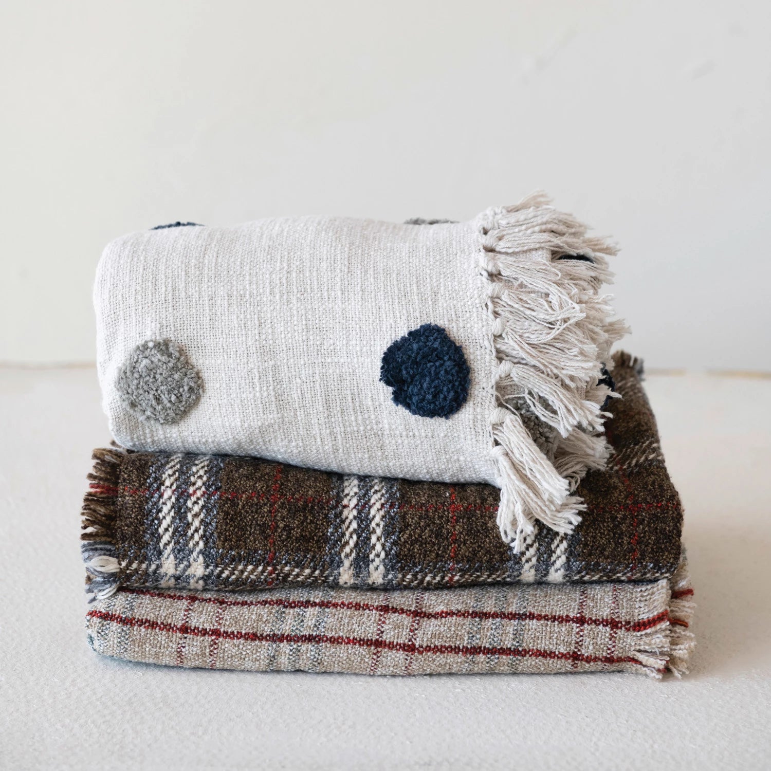 Cotton Slub Throw w/ Tufted Dots & Fringe