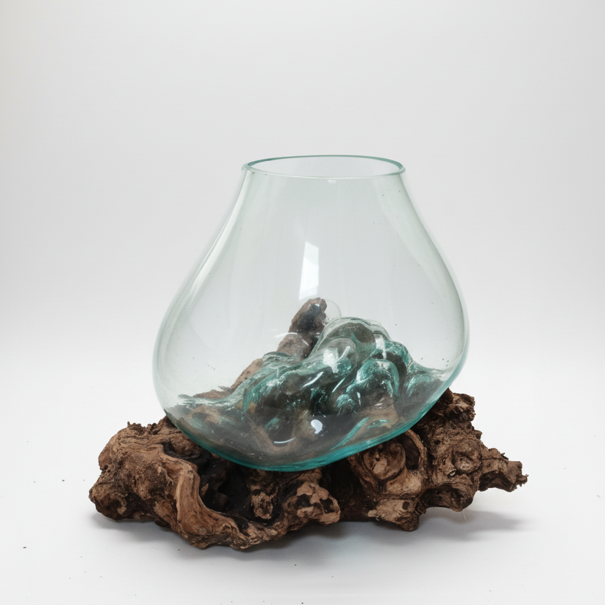 Hand Blown Glass Bowl on Teakroot Base