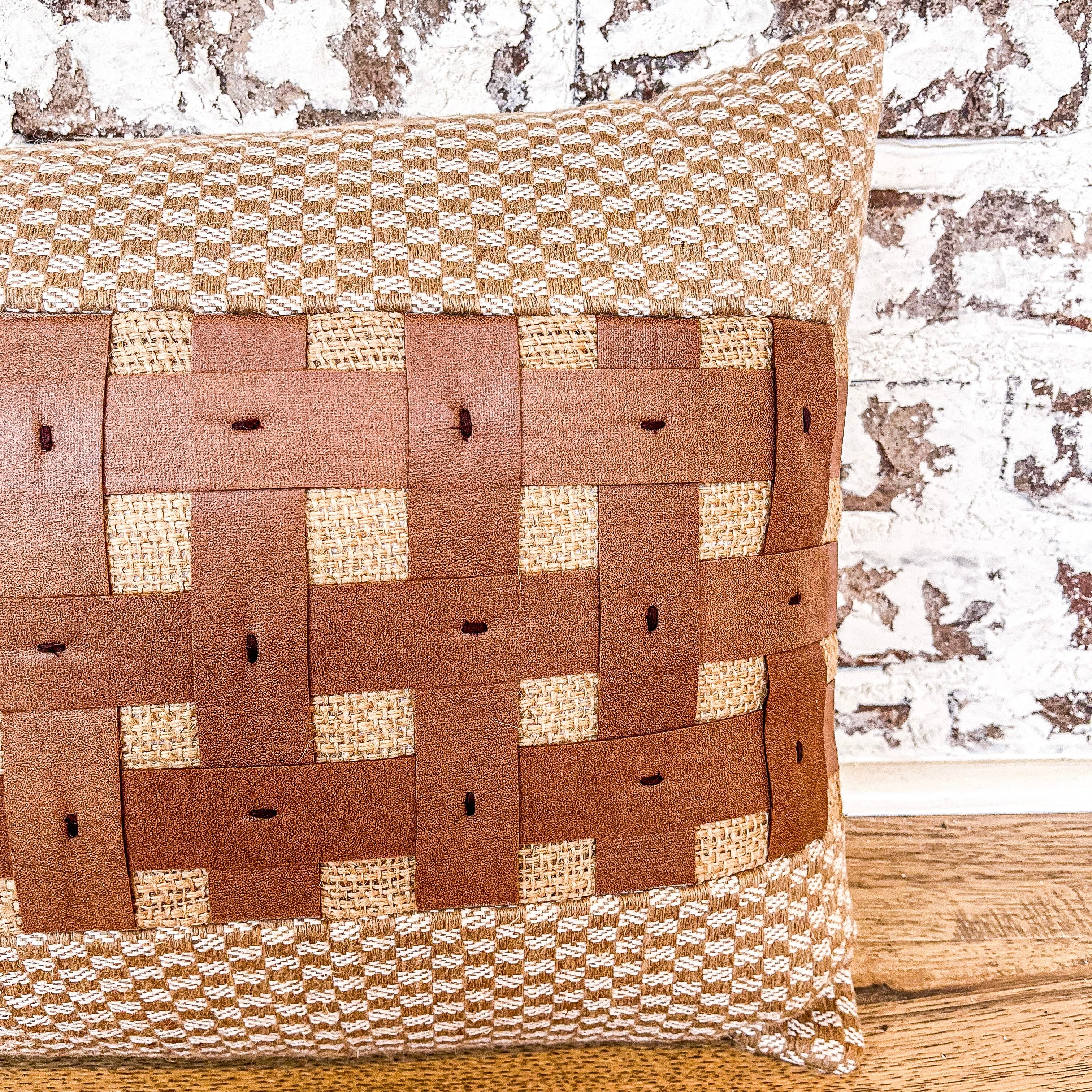 20" Rectangle Tan Vegan Leather & Jute Check Pillow