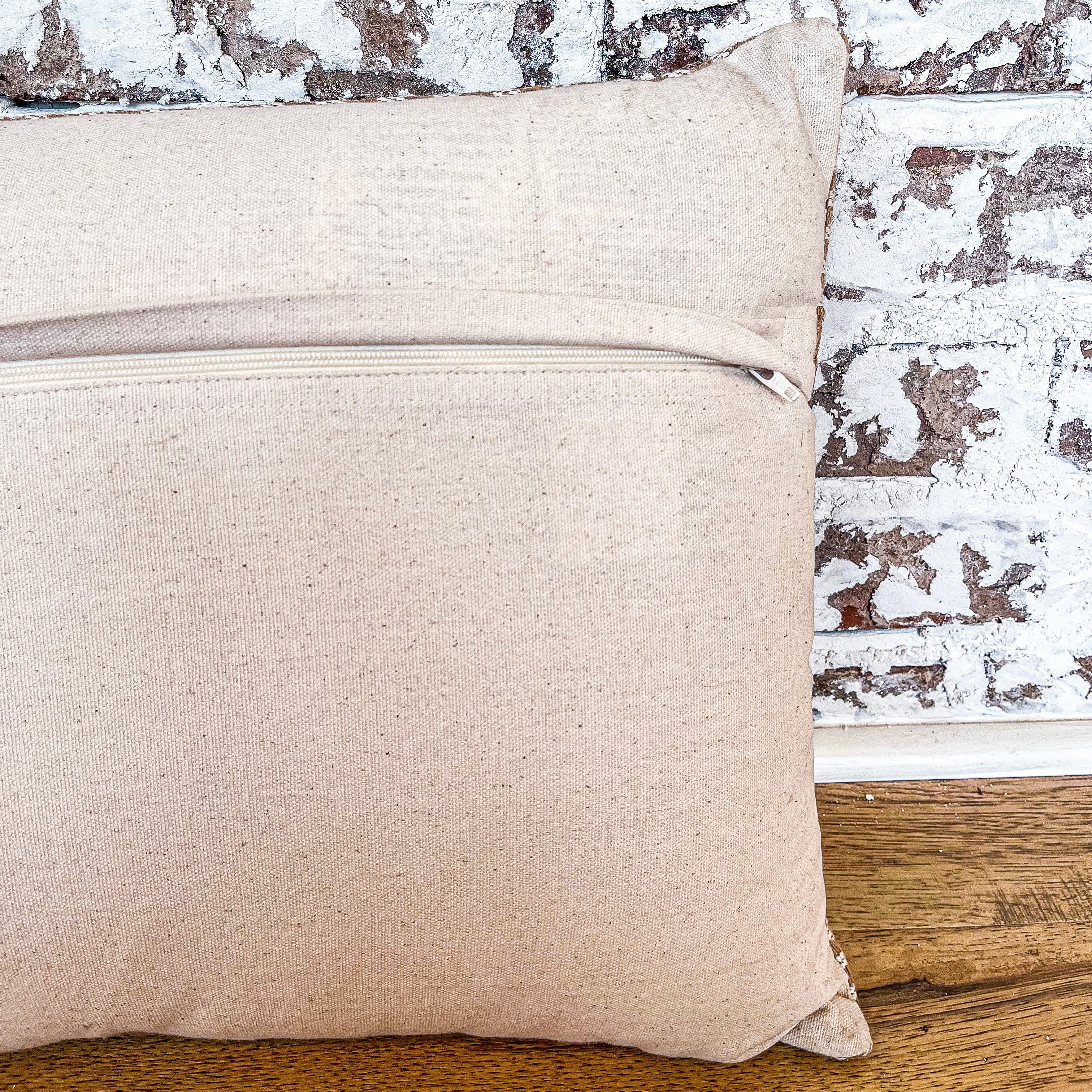 20" Rectangle Tan Vegan Leather & Jute Check Pillow