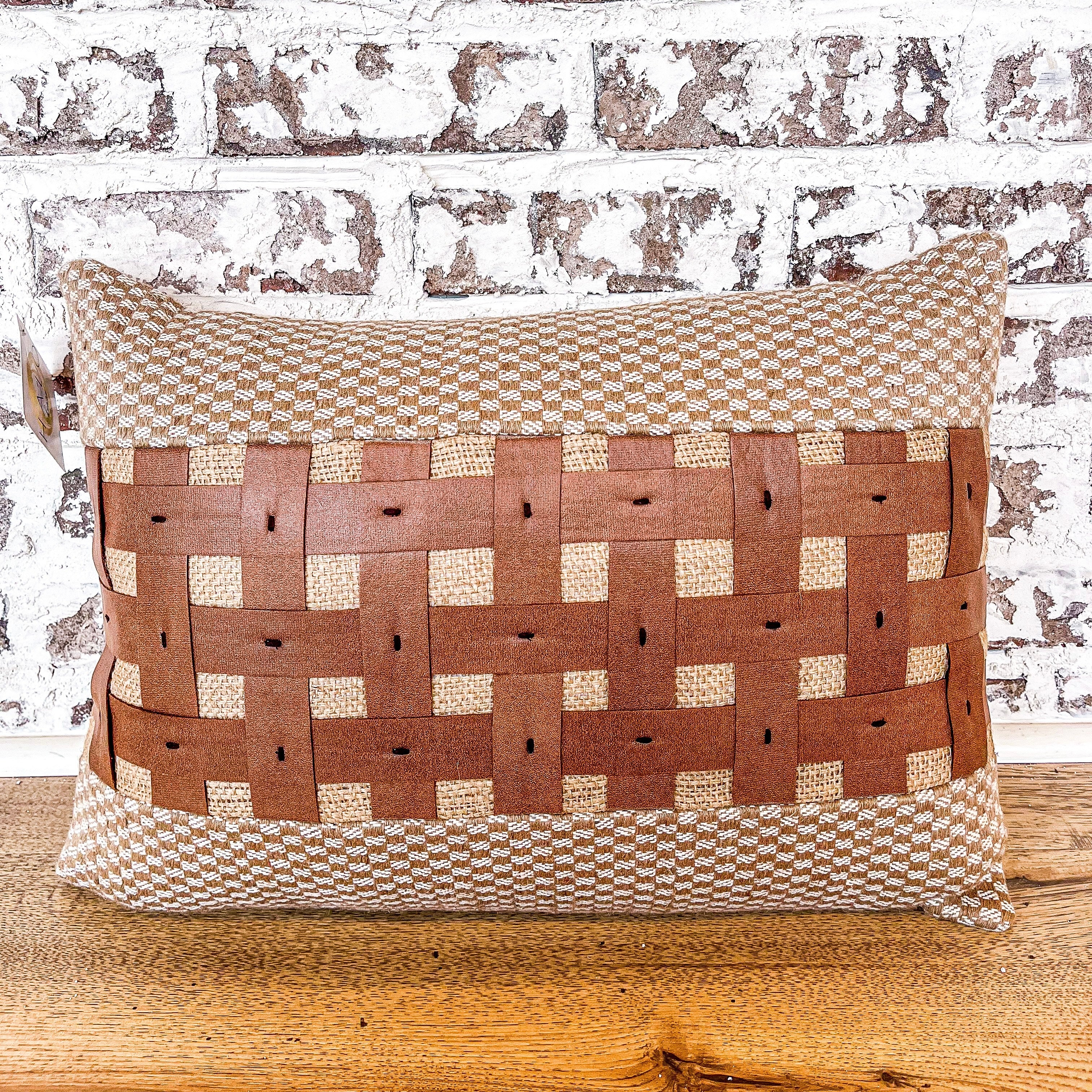 20" Rectangle Tan Vegan Leather & Jute Check Pillow