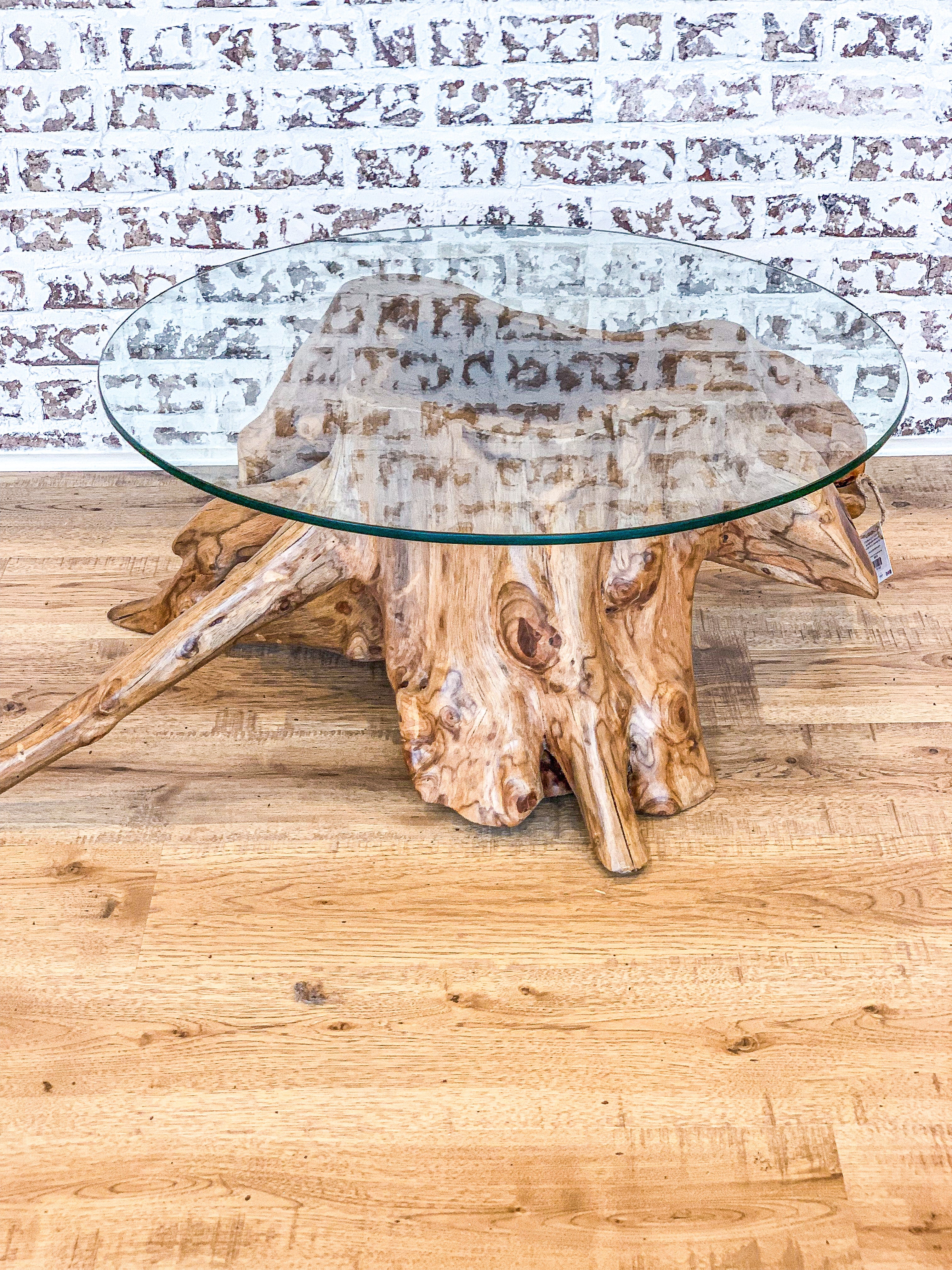 Reclaimed Wood Tree Trunk Glass Coffee Table