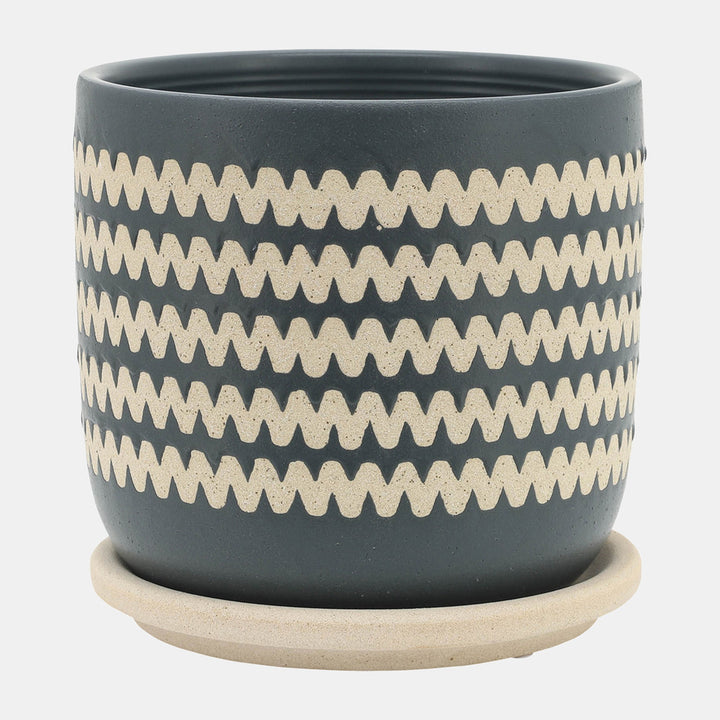 Zig-Zag Planter W/ Saucer, Teal