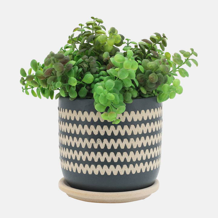 Zig-Zag Planter W/ Saucer, Teal