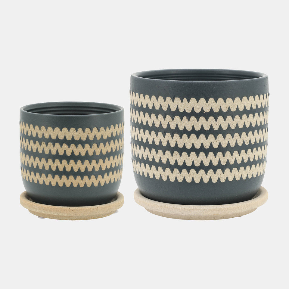 Zig-Zag Planter W/ Saucer, Teal