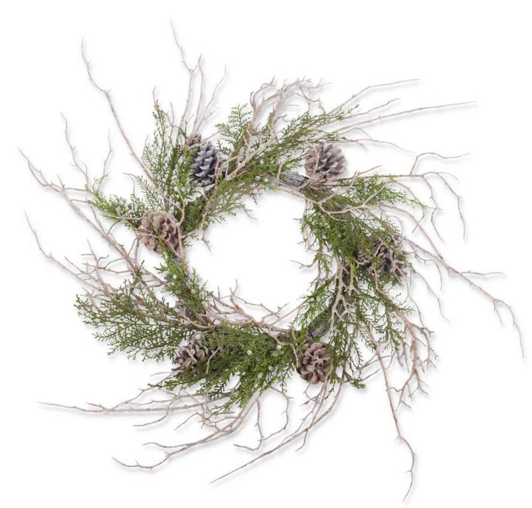 30” Juniper Wreath w/Twigs Pinecones & Blue Berries