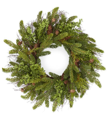 24” Twig Pine & Mixed Foliage Wreath w/Pinecones