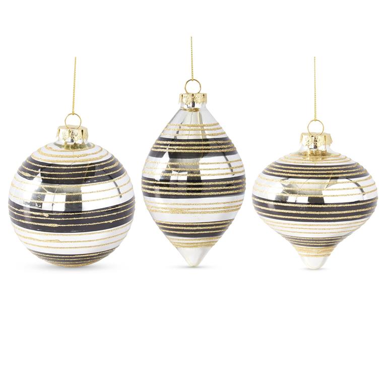 ASSORTED GLASS ORNAMENTS W/BLACK & GOLD GLITTERED STRIPES