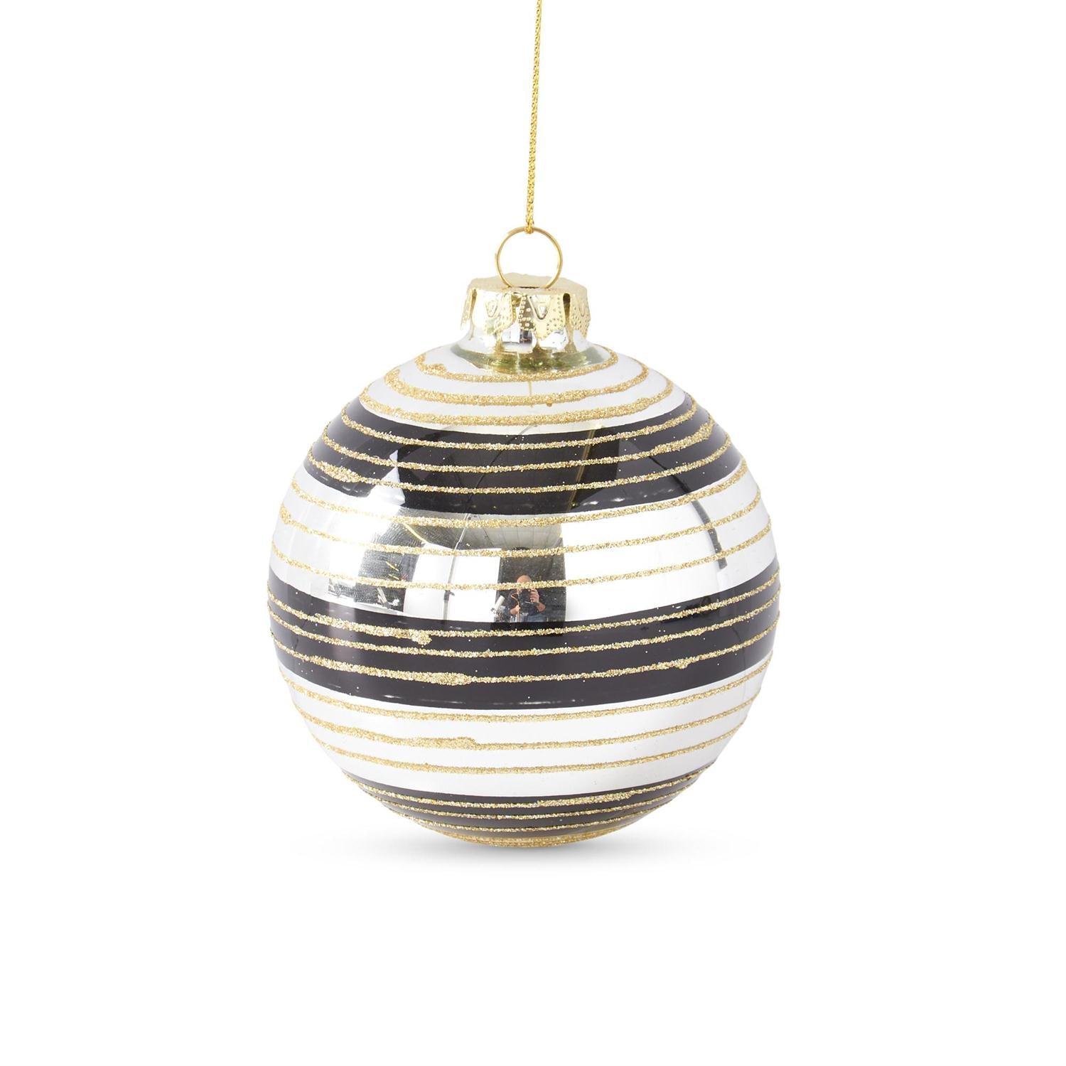 ASSORTED GLASS ORNAMENTS W/BLACK & GOLD GLITTERED STRIPES