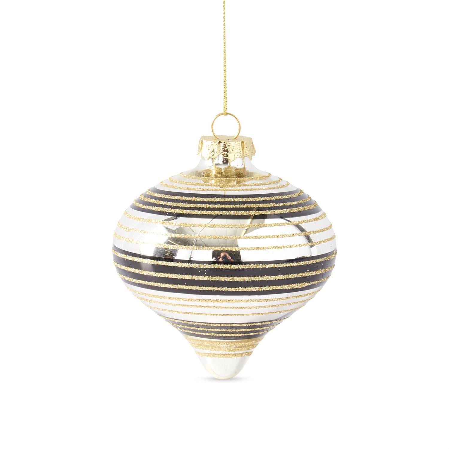 ASSORTED GLASS ORNAMENTS W/BLACK & GOLD GLITTERED STRIPES